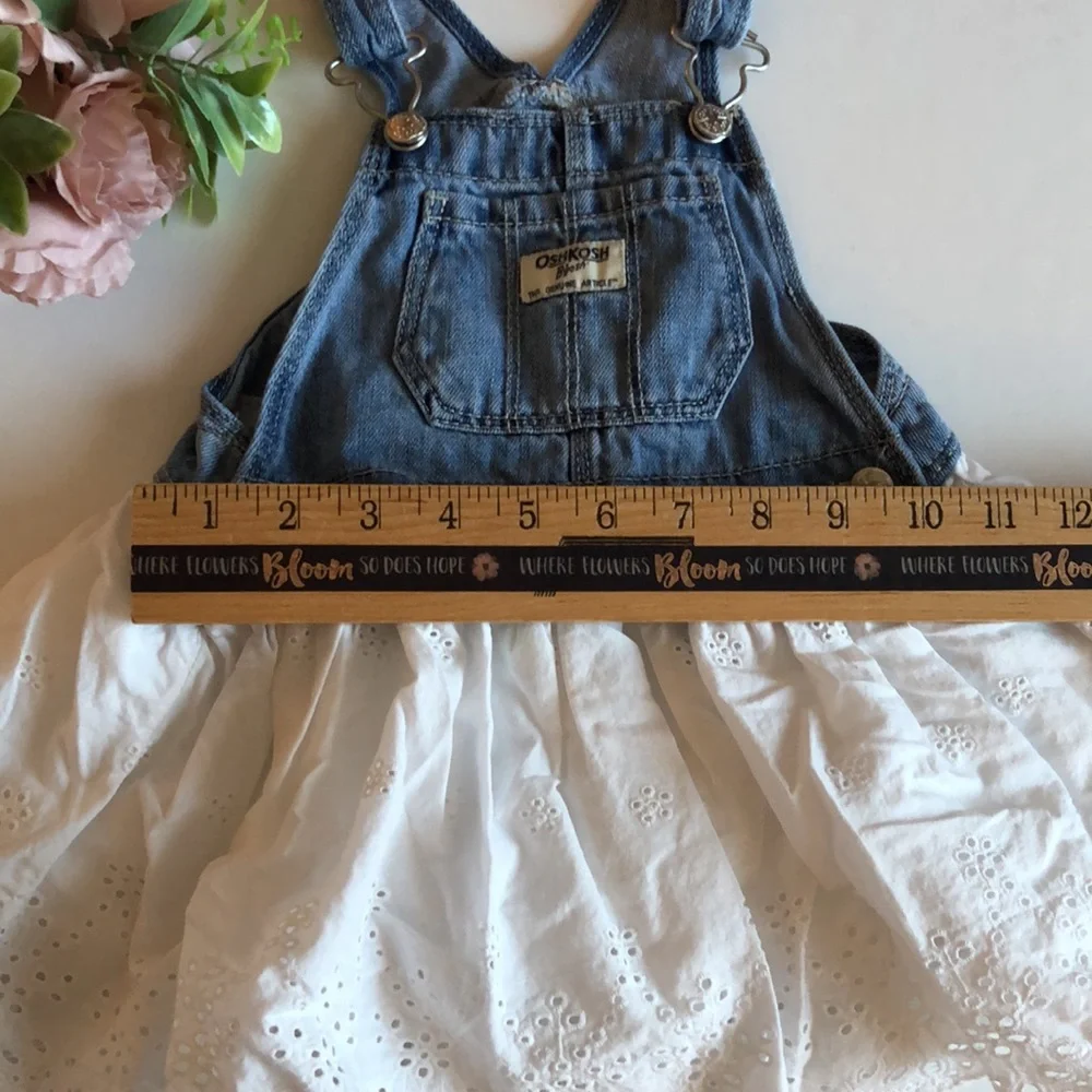 Osh Kosh Girl Bib Overalls Denim Dress Jumper White Eyelet Lace skirt 24M